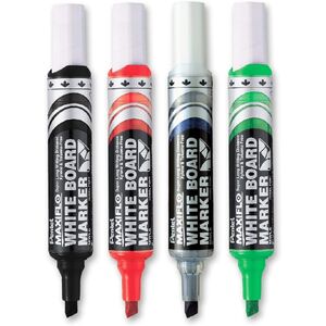 Pentel Maxiflow Whiteboard-Marker Set – 4 Stück, Keilspitze, Große Spitze, Schwarz/blau/rot/grün